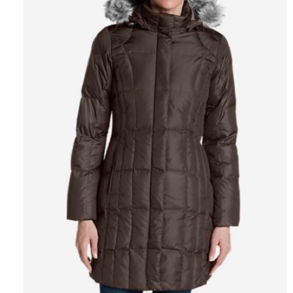 EDDIE Bauer Brown Premium Goose Down Long Puffer Coat Removable Hood Size M - Picture 1 of 15